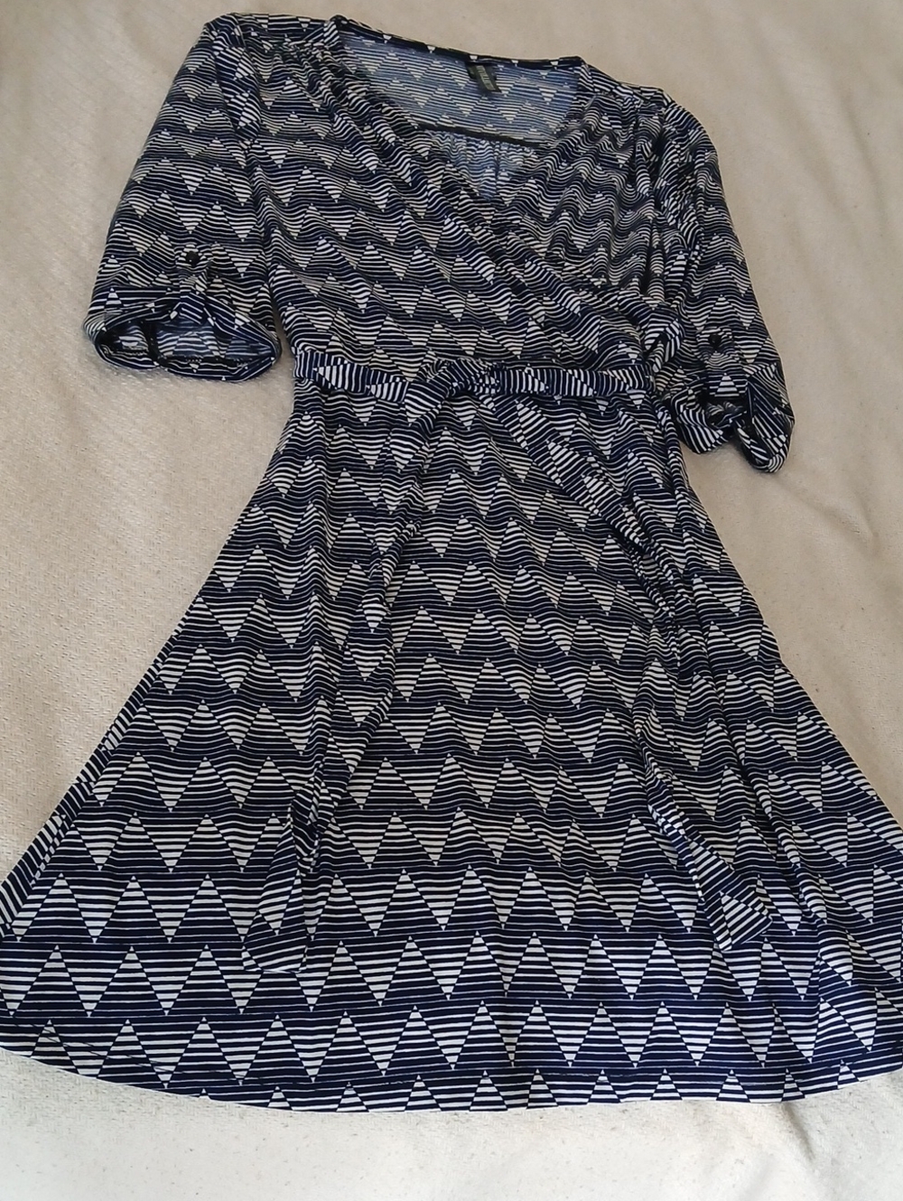 Navy and White Geometric Midi Dress Office
